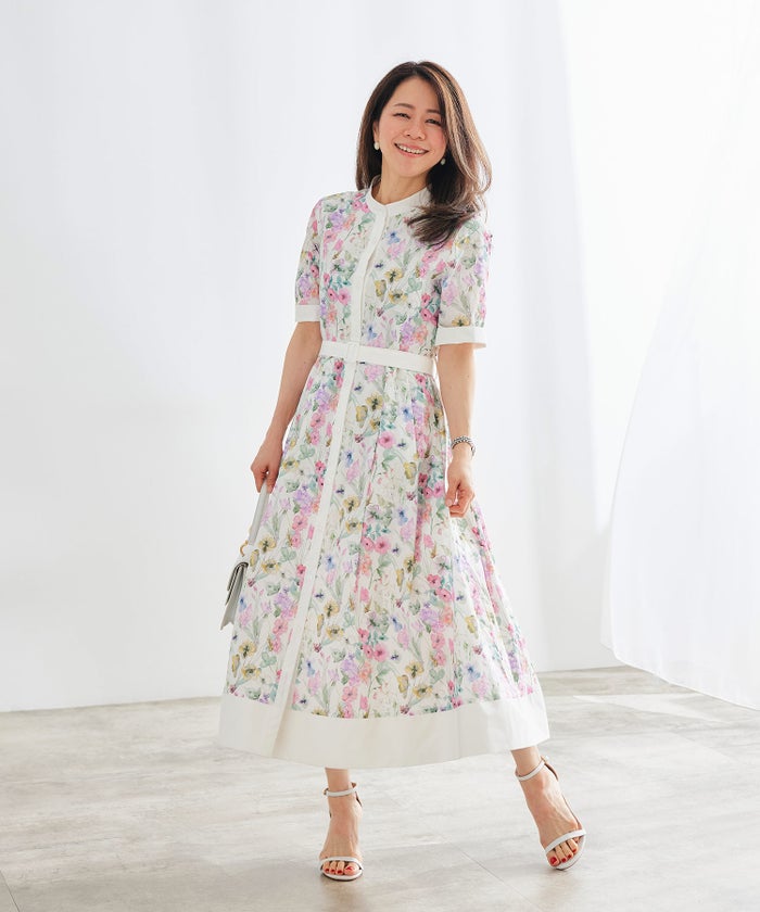 シャツワンピース ピンク 花柄 バンドカラー ベルト付き ジョイントスペース