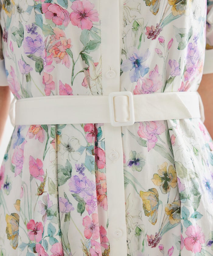 シャツワンピース ピンク 花柄 バンドカラー ベルト付き ジョイントスペース