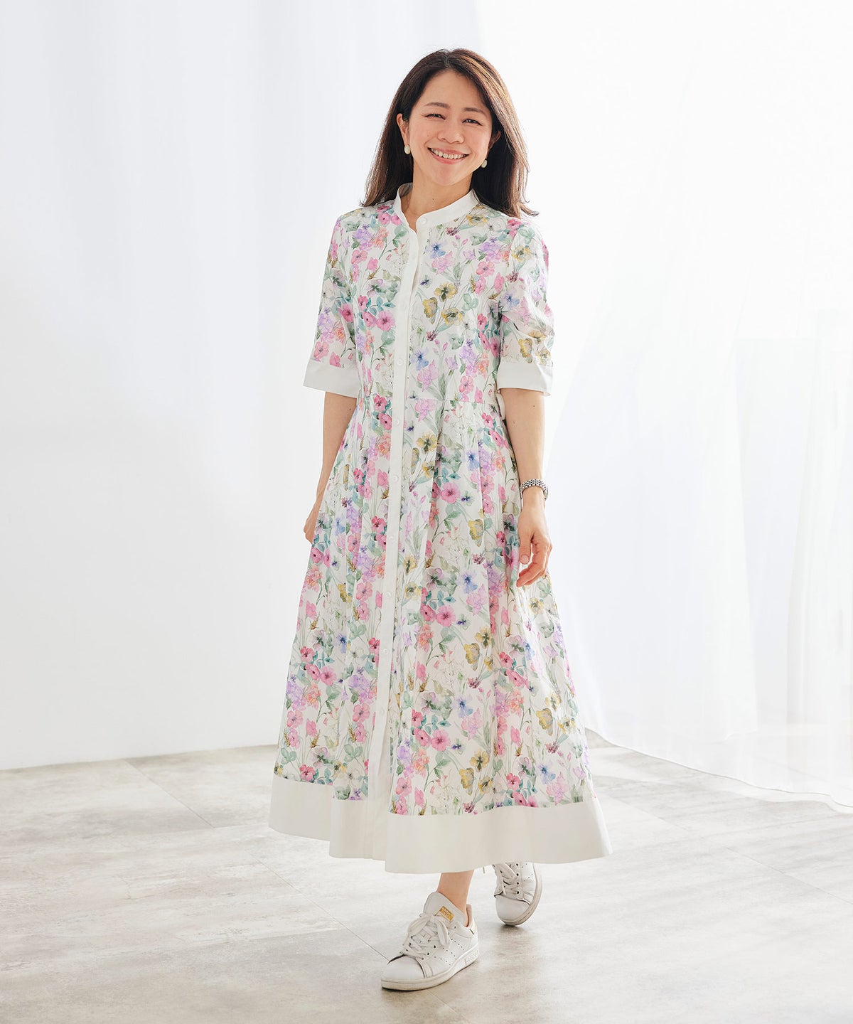 シャツワンピース ピンク 花柄 バンドカラー ベルト付き ジョイントスペース