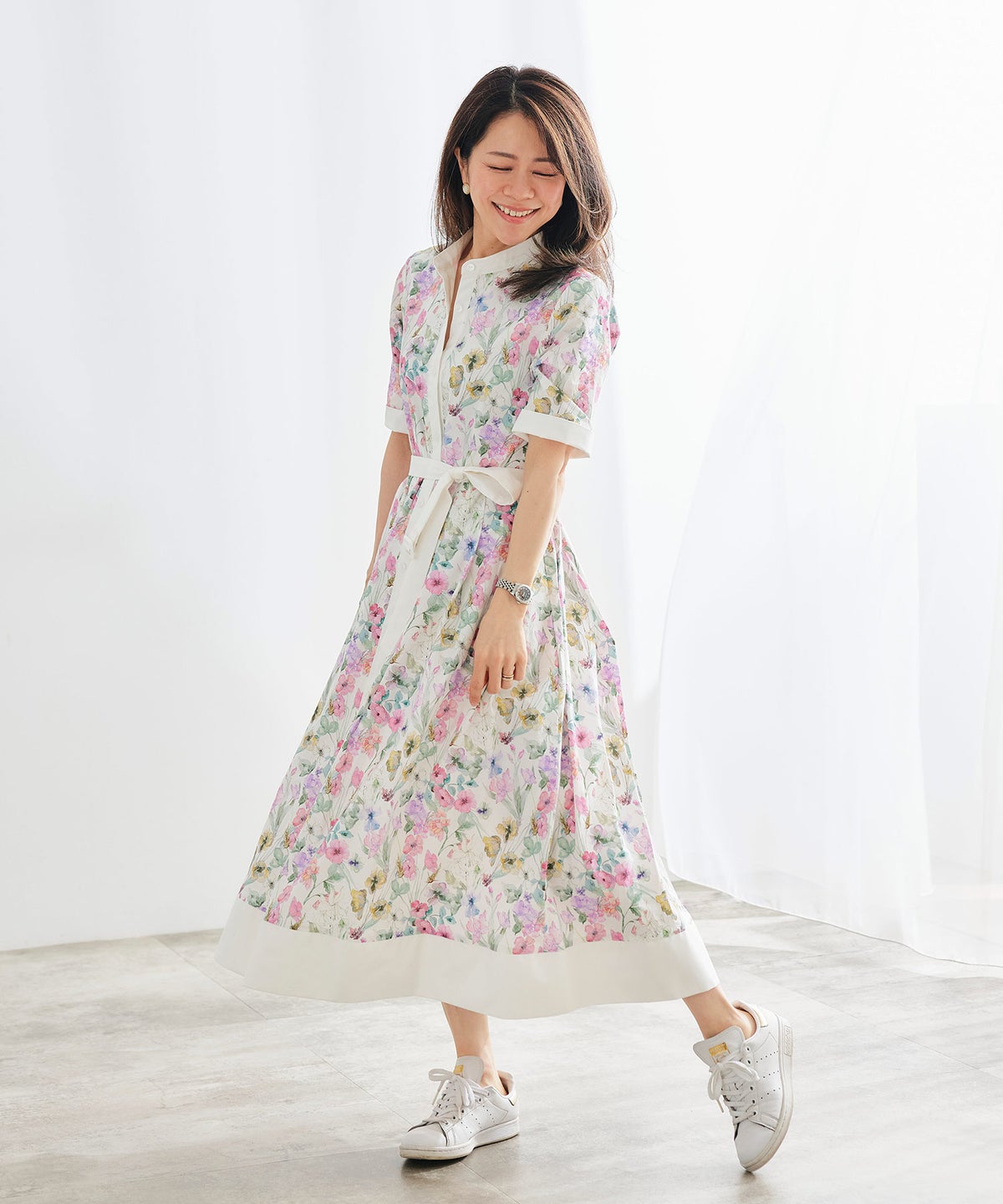 シャツワンピース ピンク 花柄 バンドカラー ベルト付き ジョイントスペース