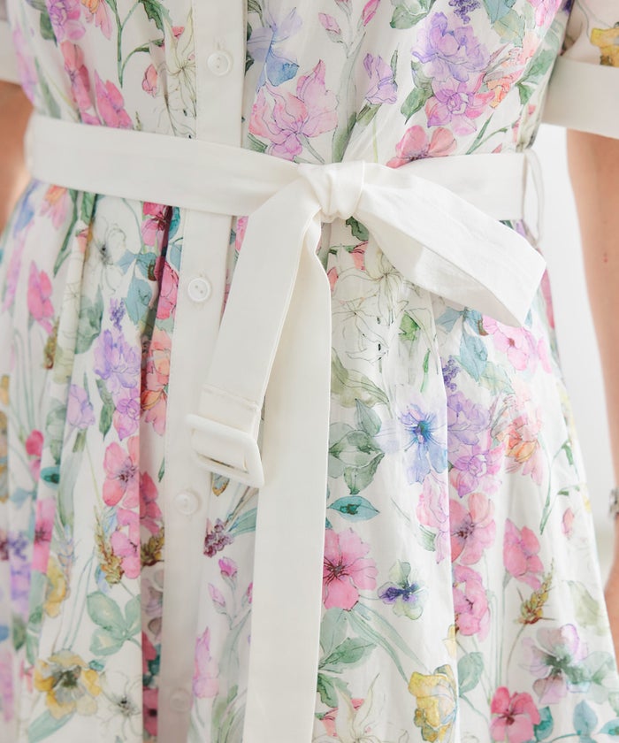 シャツワンピース ピンク 花柄 バンドカラー ベルト付き ジョイントスペース