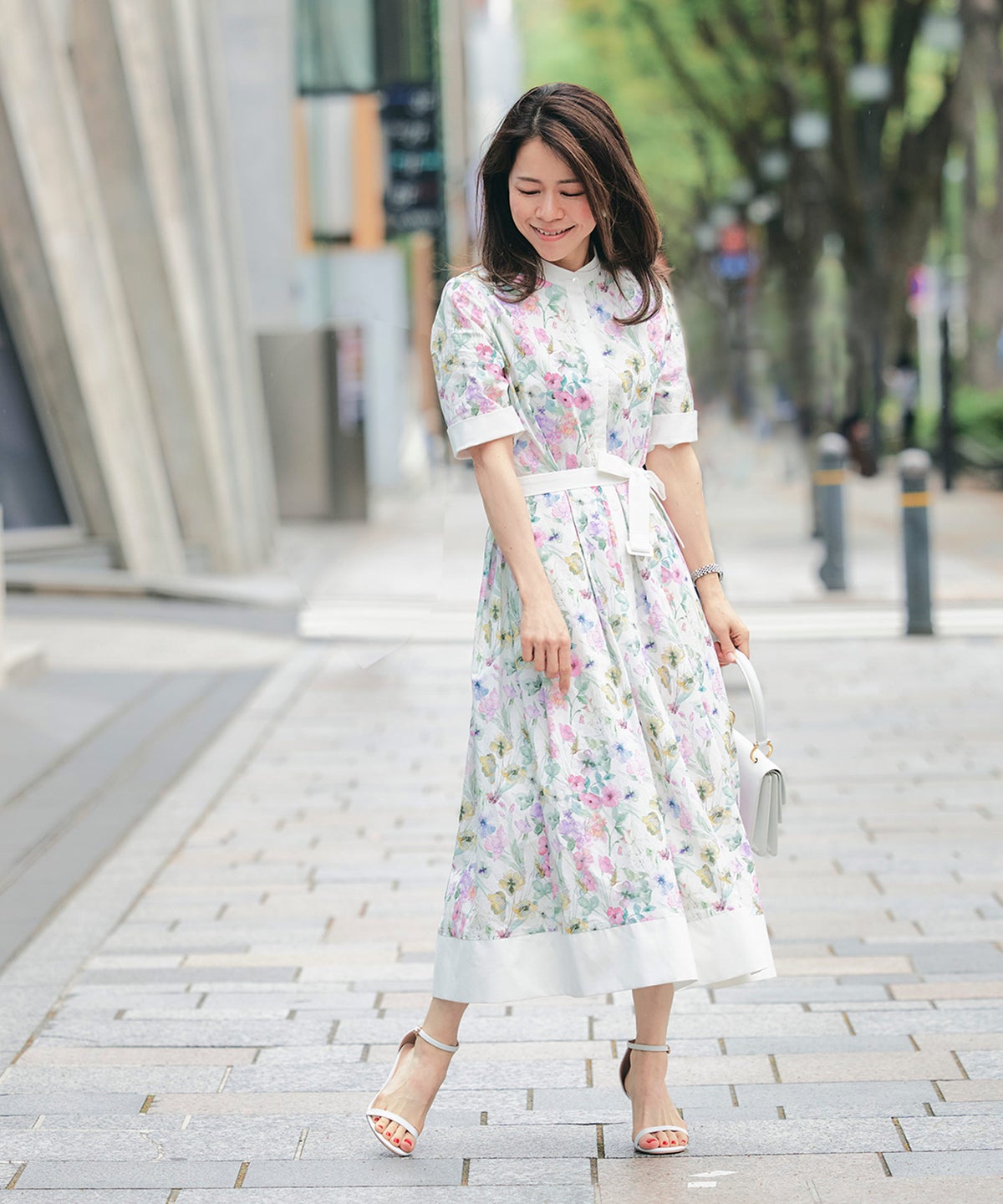 シャツワンピース ピンク 花柄 バンドカラー ベルト付き ジョイントスペース