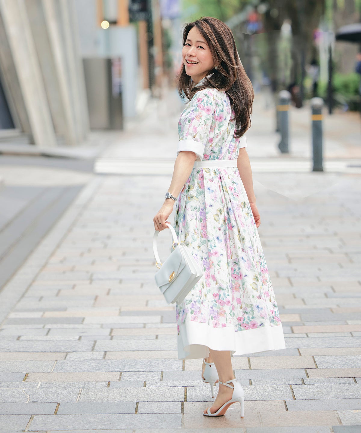 シャツワンピース ピンク 花柄 バンドカラー ベルト付き ジョイントスペース