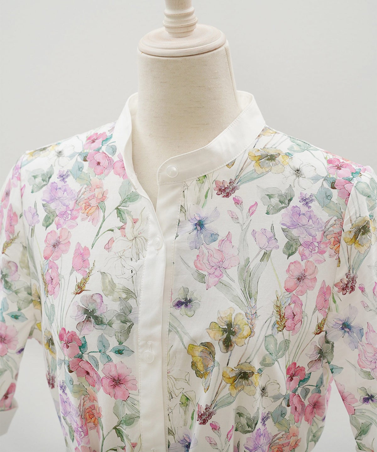 シャツワンピース ピンク 花柄 バンドカラー ベルト付き ジョイントスペース