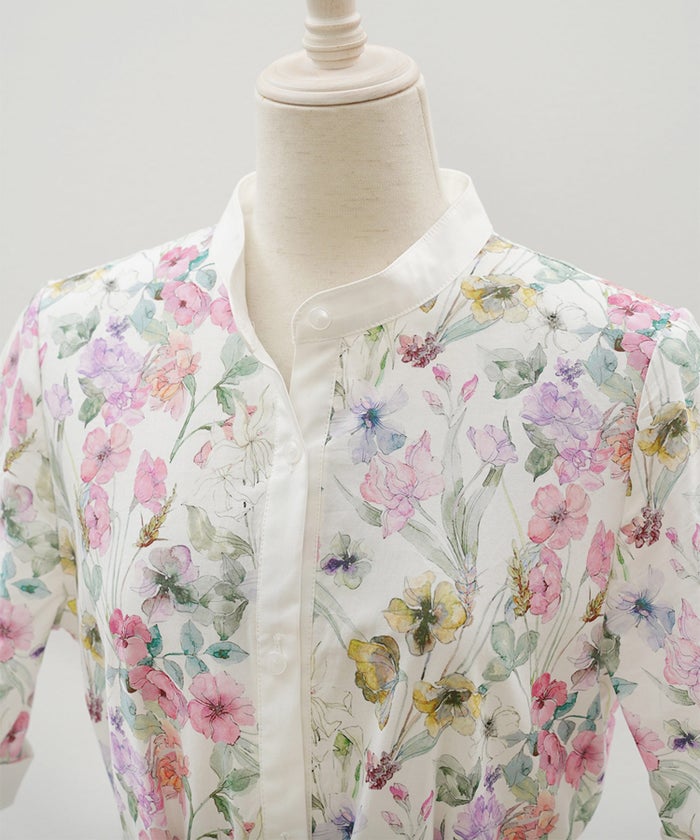 シャツワンピース ピンク 花柄 バンドカラー ベルト付き ジョイントスペース