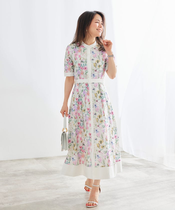 シャツワンピース ピンク 花柄 バンドカラー ベルト付き ジョイントスペース