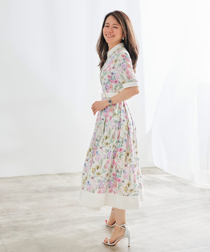 シャツワンピース ピンク 花柄 バンドカラー ベルト付き ジョイントスペース