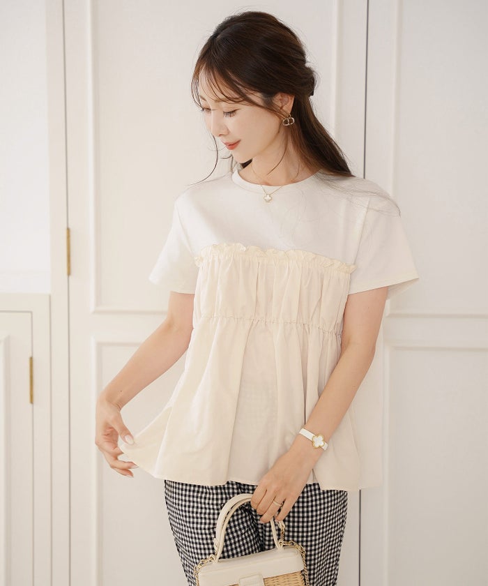 トップス カットソー 布帛 ペプラム ギャザー フレア クルーネック 半袖 Tシャツ 体型カバー セレクト 