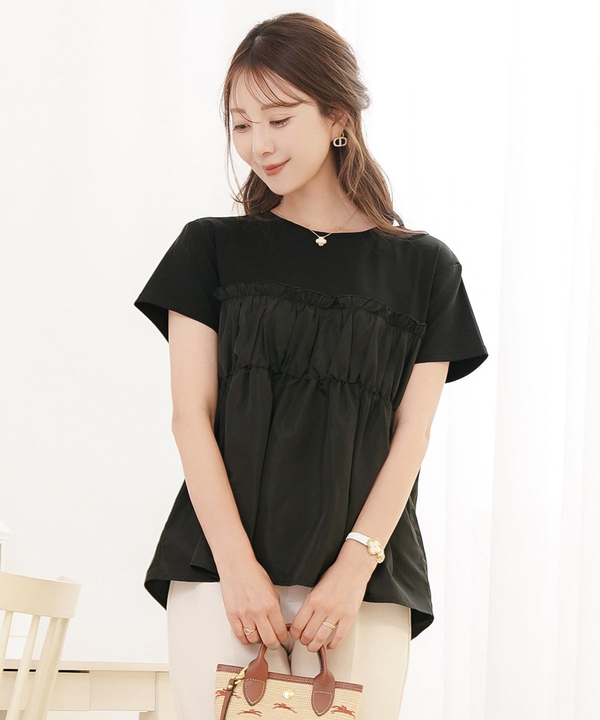 トップス カットソー 布帛 ペプラム ギャザー フレア クルーネック 半袖 Tシャツ 体型カバー セレクト 