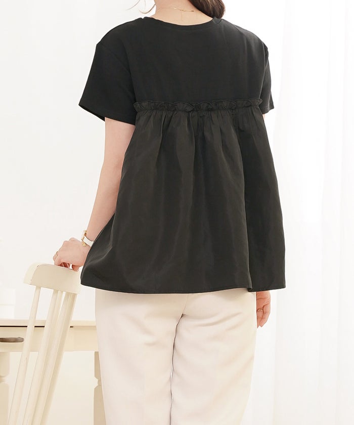 トップス カットソー 布帛 ペプラム ギャザー フレア クルーネック 半袖 Tシャツ 体型カバー セレクト 