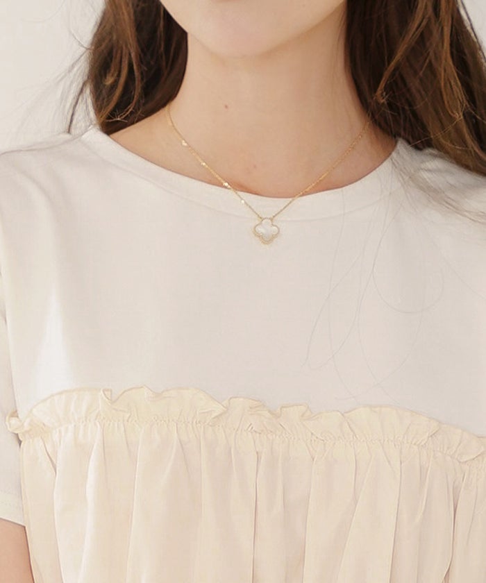 トップス カットソー 布帛 ペプラム ギャザー フレア クルーネック 半袖 Tシャツ 体型カバー セレクト 