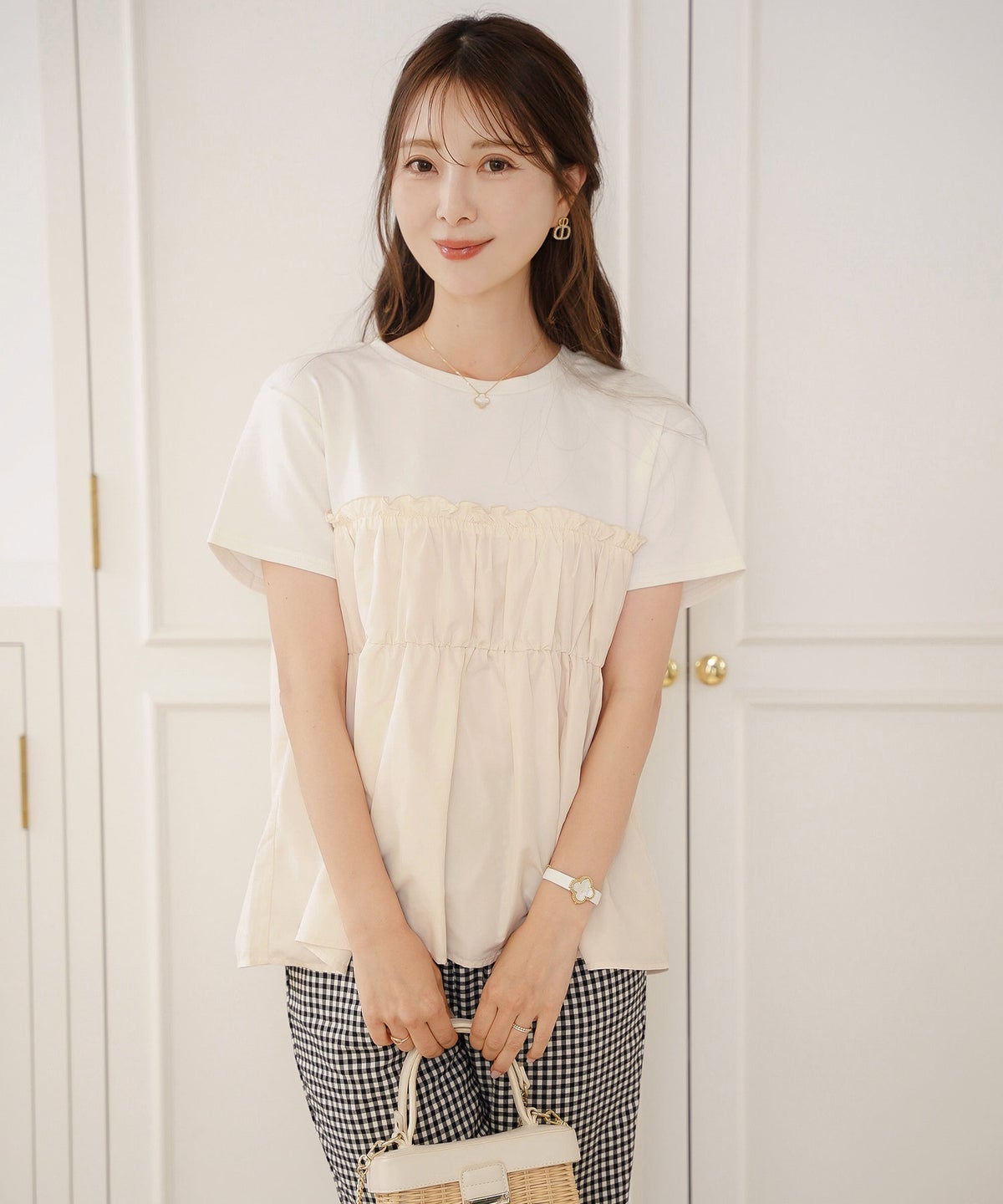 トップス カットソー 布帛 ペプラム ギャザー フレア クルーネック 半袖 Tシャツ 体型カバー セレクト 