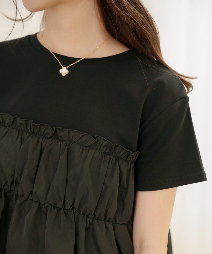 トップス カットソー 布帛 ペプラム ギャザー フレア クルーネック 半袖 Tシャツ 体型カバー セレクト 