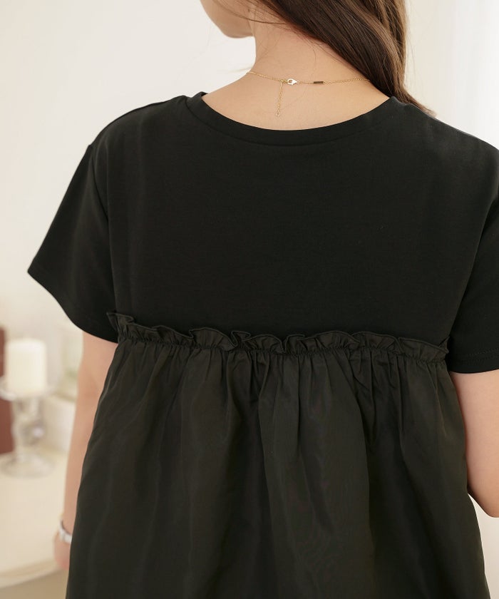 トップス カットソー 布帛 ペプラム ギャザー フレア クルーネック 半袖 Tシャツ 体型カバー セレクト 