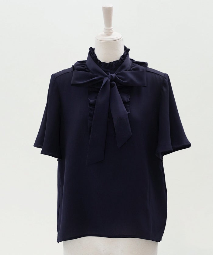 ブラウス ネイビー フレア袖 フリル ボウタイ ジョイントスペース