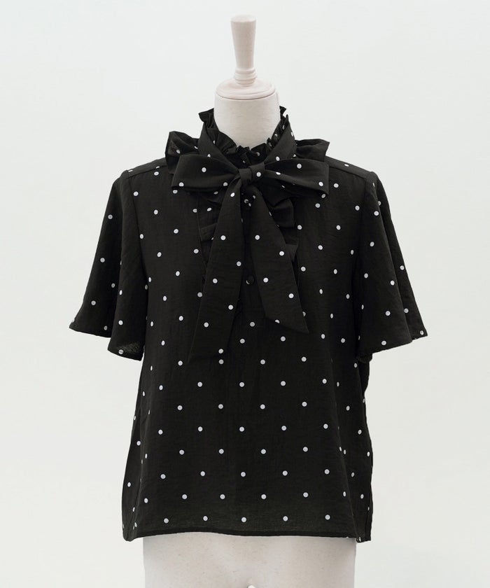 ブラウス ブラック ドット フレア袖 フリル ボウタイ ジョイントスペース