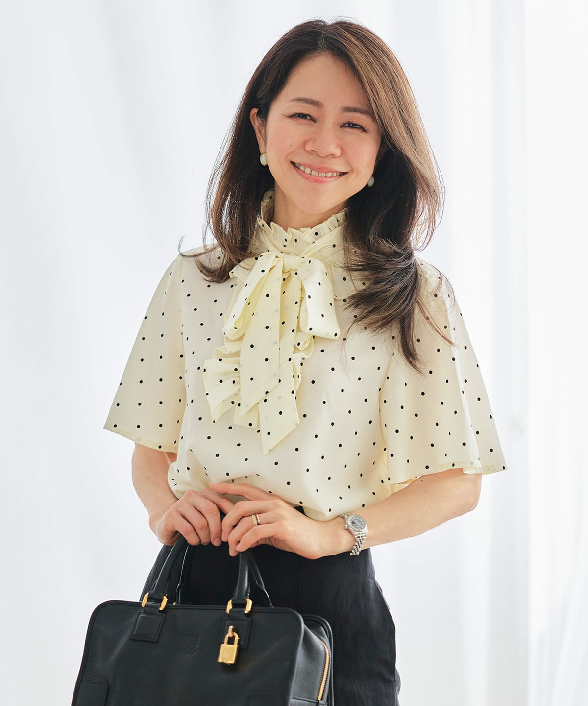 ブラウス アイボリー ドット フレア袖 フリル ボウタイ ジョイントスペース