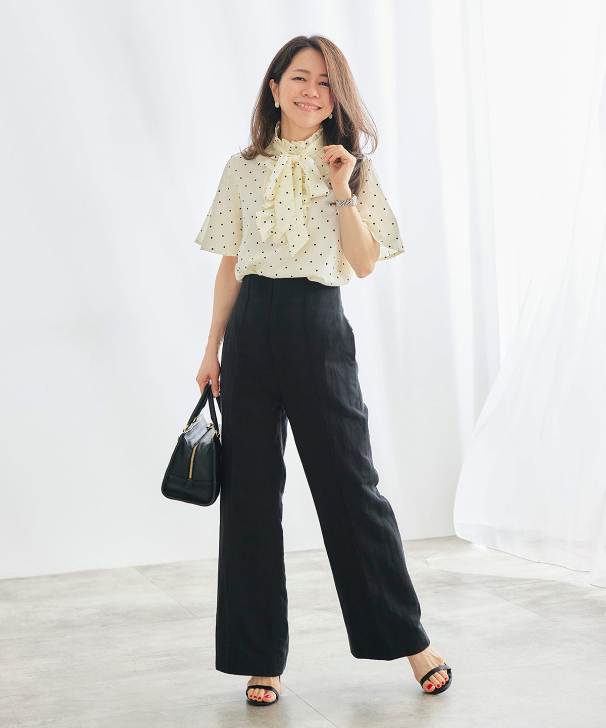 ブラウス アイボリー ドット フレア袖 フリル ボウタイ ジョイントスペース