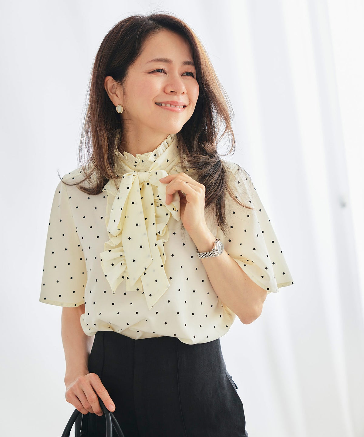 ブラウス アイボリー ドット フレア袖 フリル ボウタイ ジョイントスペース