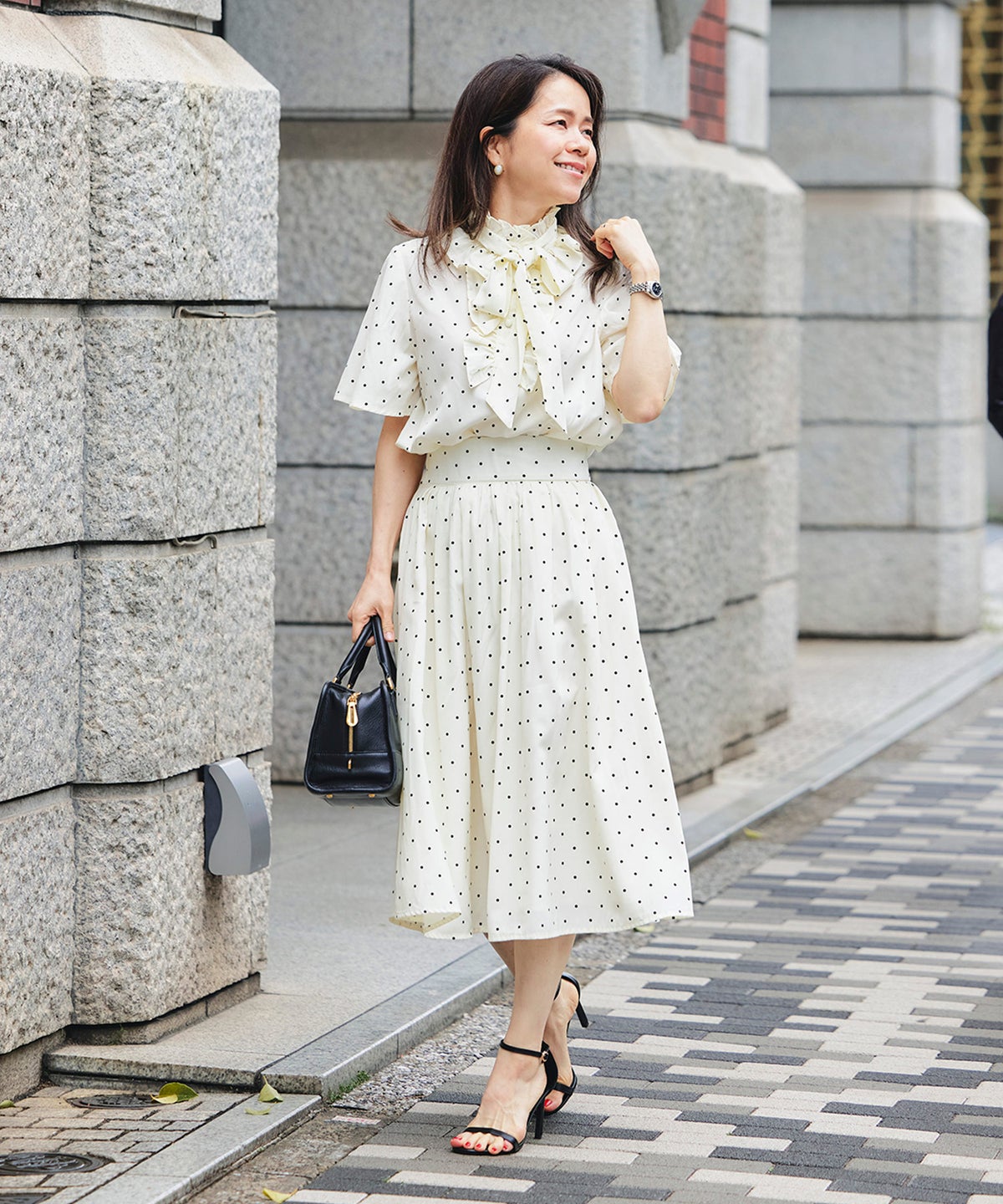 ブラウス アイボリー ドット フレア袖 フリル ボウタイ ジョイントスペース