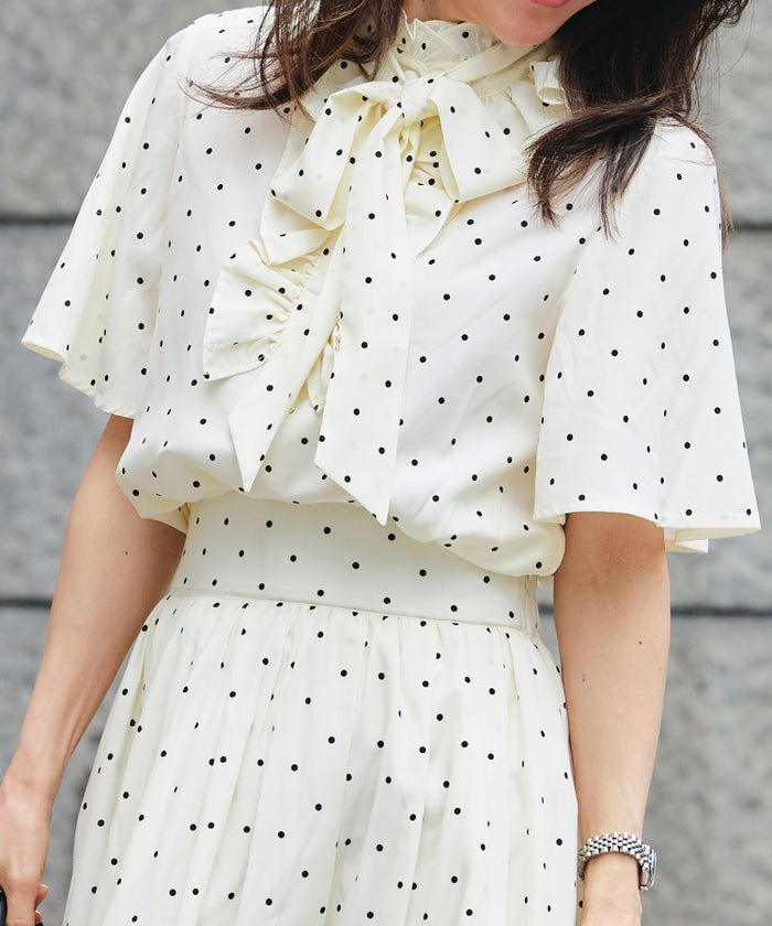 ブラウス アイボリー ドット フレア袖 フリル ボウタイ ジョイントスペース