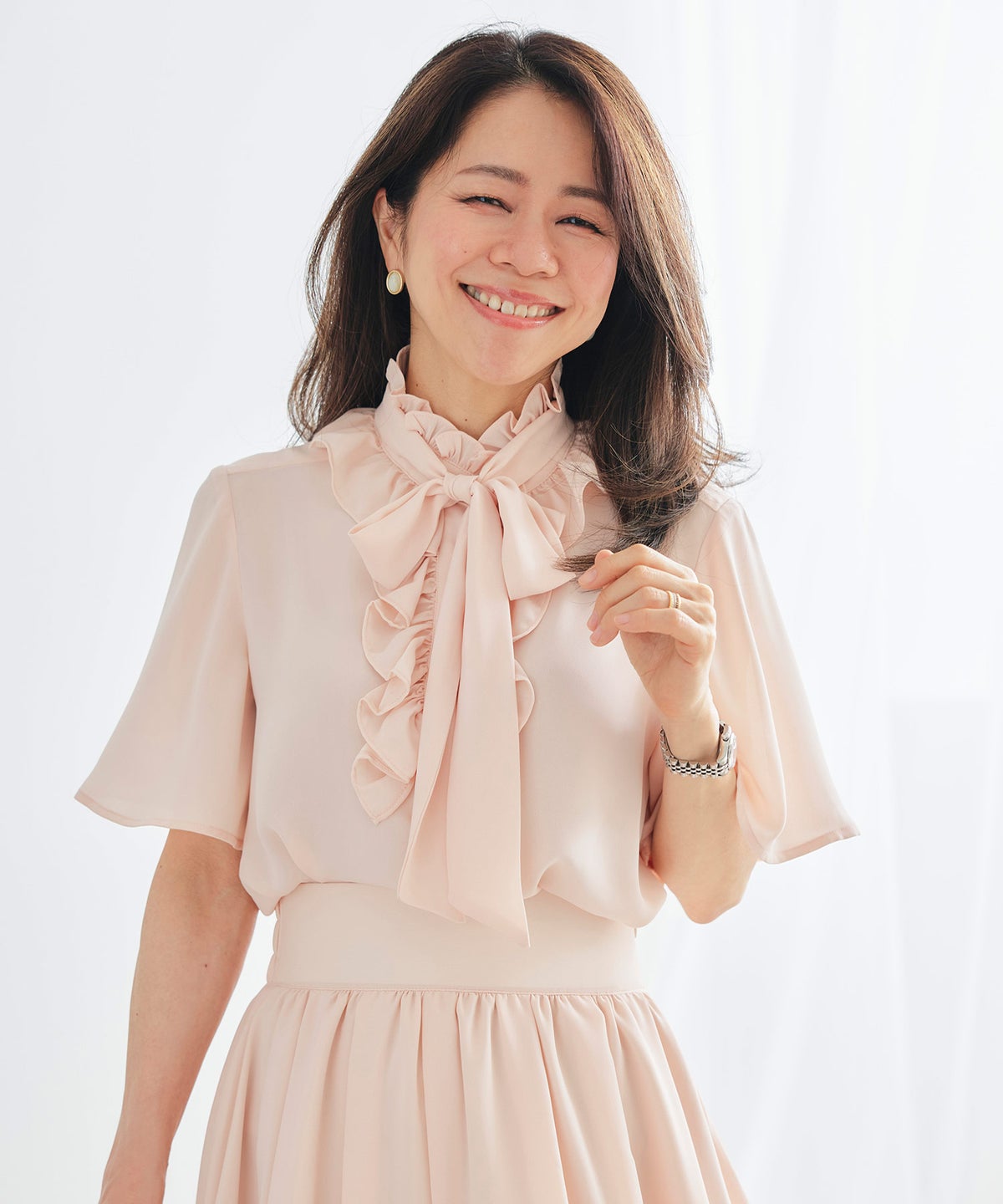 ブラウス ピンク フレア袖 フリル ボウタイ ジョイントスペース