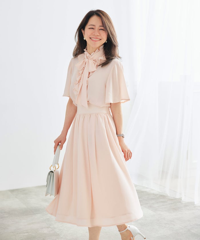 ブラウス ピンク フレア袖 フリル ボウタイ ジョイントスペース