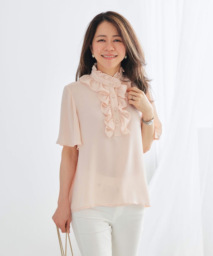 ブラウス ピンク フレア袖 フリル ボウタイ ジョイントスペース