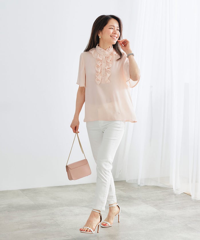 ブラウス ピンク フレア袖 フリル ボウタイ ジョイントスペース