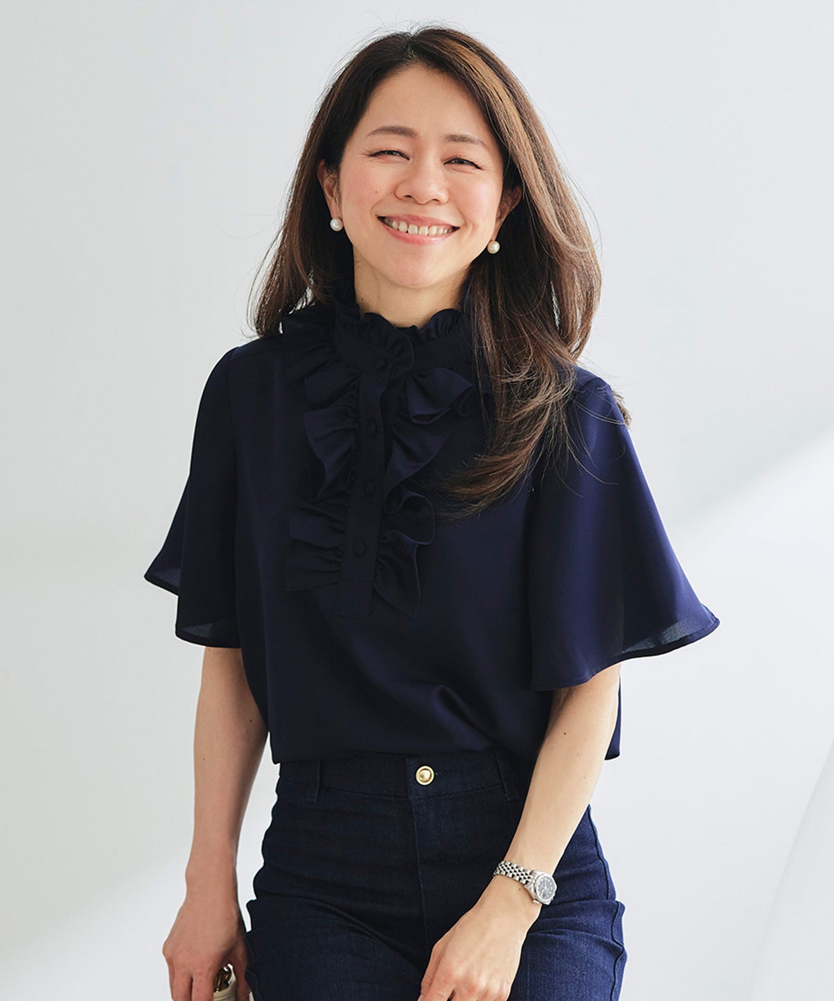 ブラウス ネイビー フレア袖 フリル ボウタイ ジョイントスペース