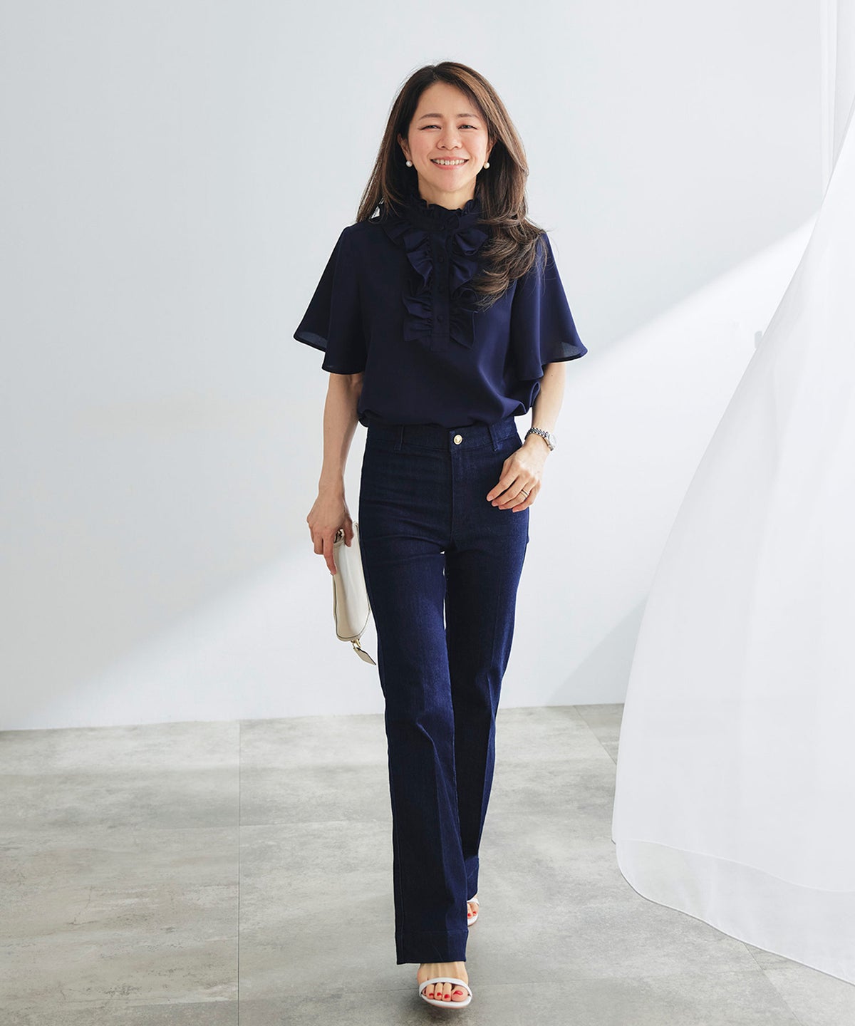 ブラウス ネイビー フレア袖 フリル ボウタイ ジョイントスペース