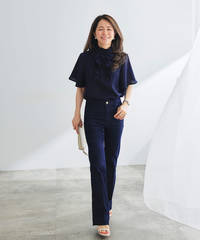 ブラウス ネイビー フレア袖 フリル ボウタイ ジョイントスペース