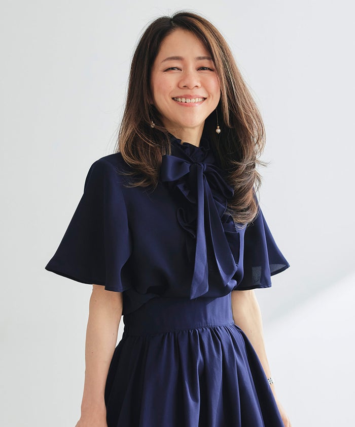 ブラウス ネイビー フレア袖 フリル ボウタイ ジョイントスペース