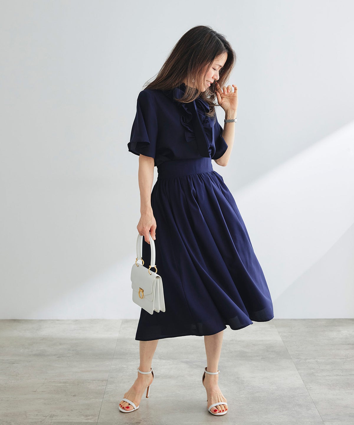 ブラウス ネイビー フレア袖 フリル ボウタイ ジョイントスペース