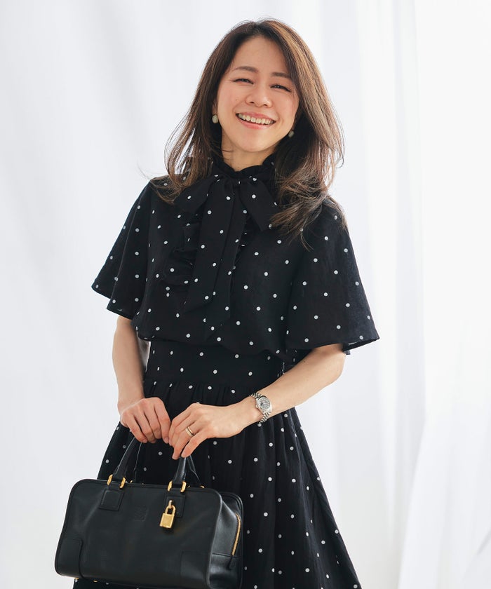 ブラウス ブラック ドット フレア袖 フリル ボウタイ ジョイントスペース