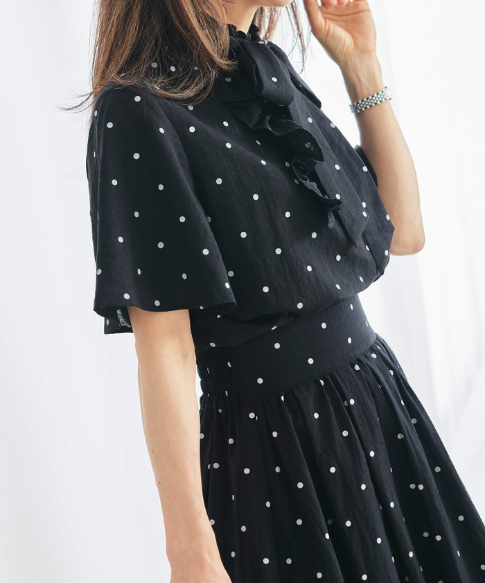 ブラウス ブラック ドット フレア袖 フリル ボウタイ ジョイントスペース