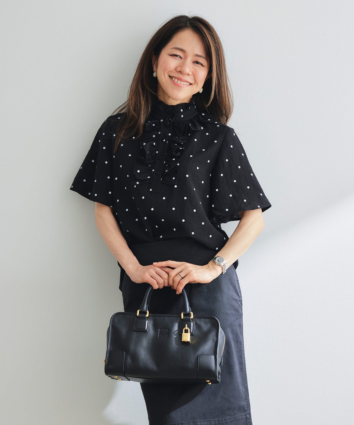 ブラウス ブラック ドット フレア袖 フリル ボウタイ ジョイントスペース