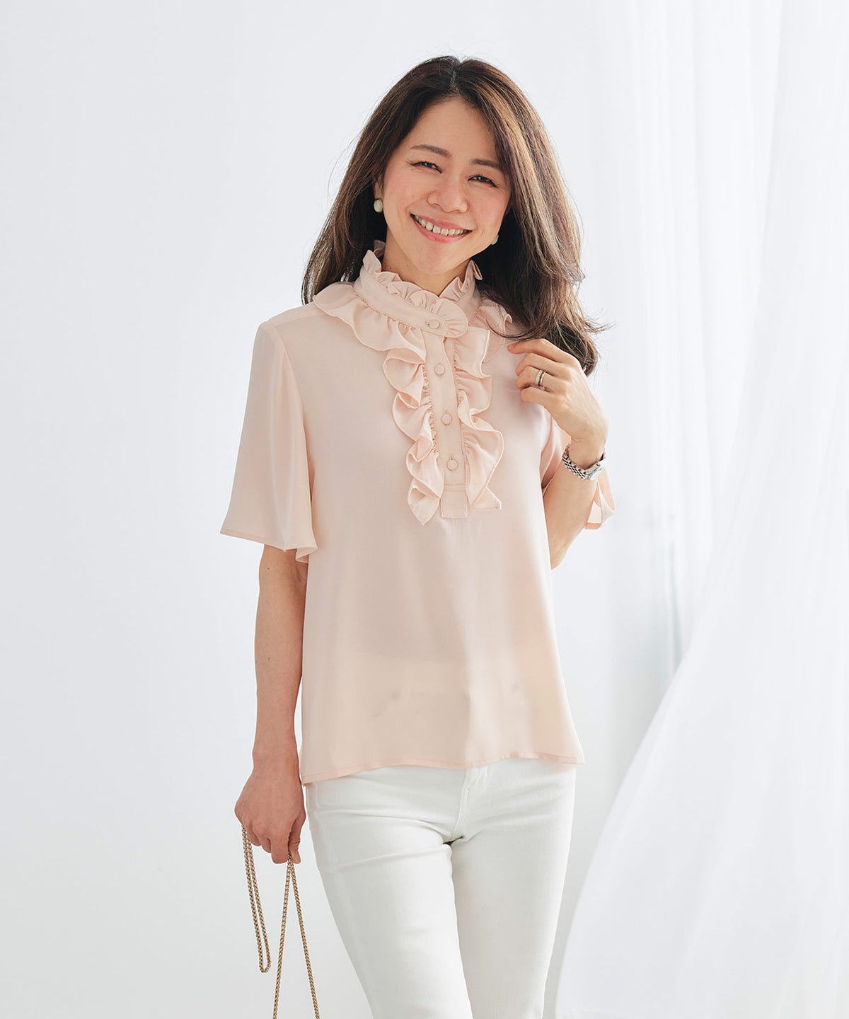 ブラウス ピンク フレア袖 フリル ボウタイ ジョイントスペース