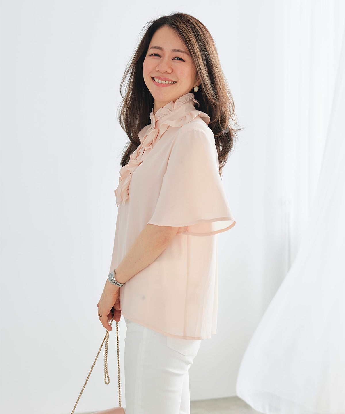 ブラウス ピンク フレア袖 フリル ボウタイ ジョイントスペース