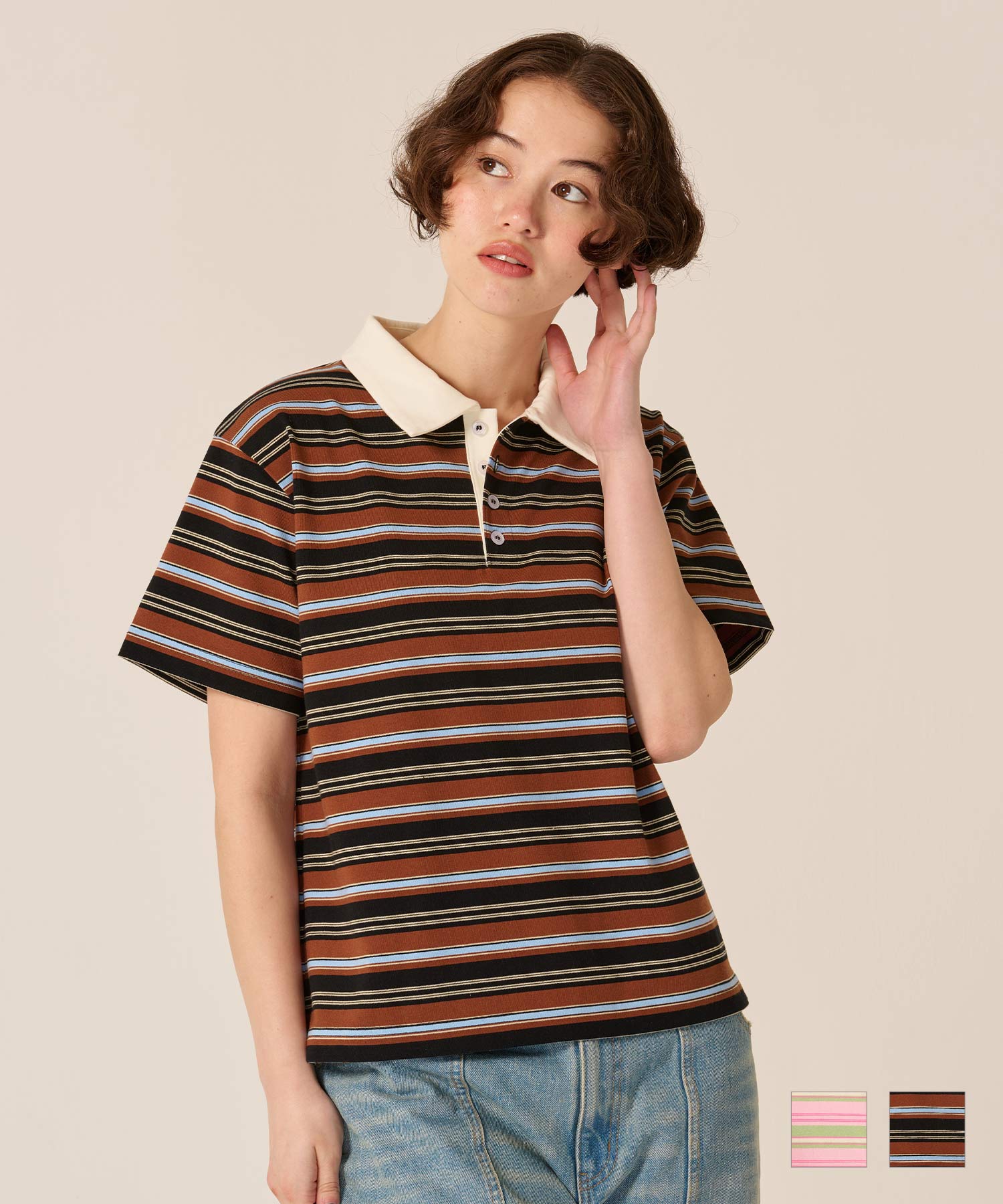Mポロシャツ 半袖 赤 紺 ベージュボーダー マルチボーダー 半袖 ポロシャツ TINA：JOJUN 全2色｜tnj521-1272【2