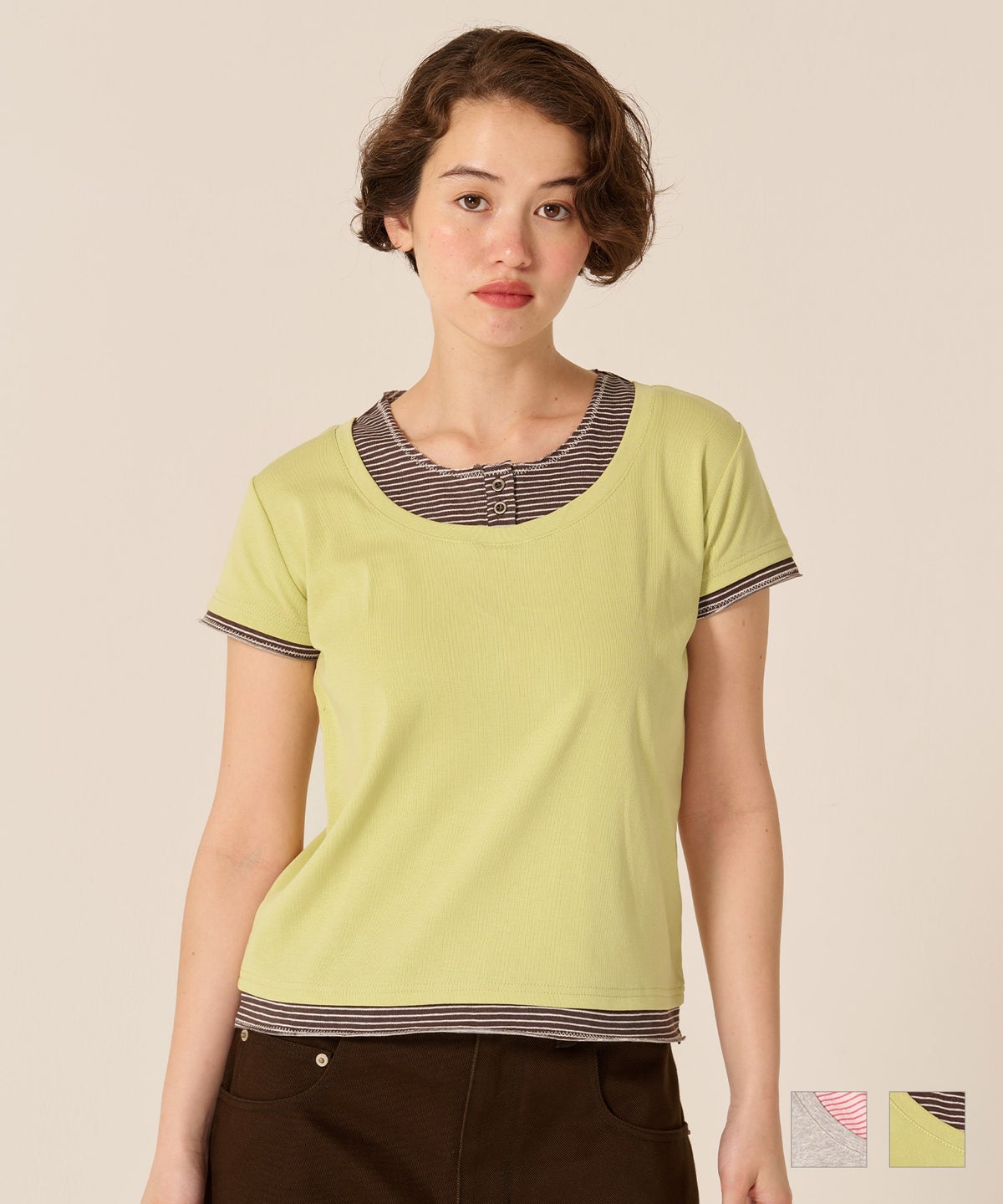 カットソー/Tシャツ/レイヤード風 半袖 Tシャツ TINA：JOJUN
