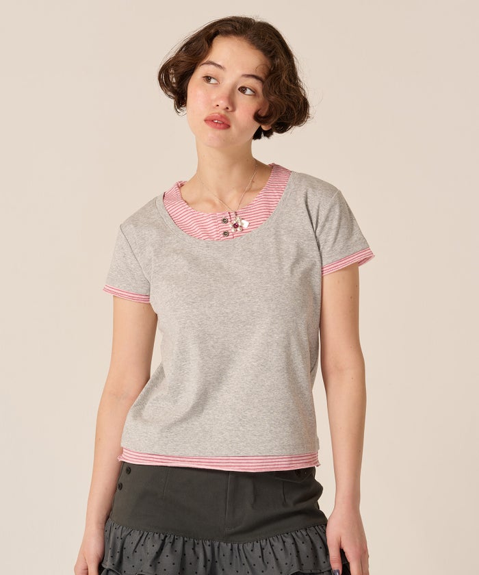 カットソー/Tシャツ/レイヤード風 半袖 Tシャツ TINA：JOJUN