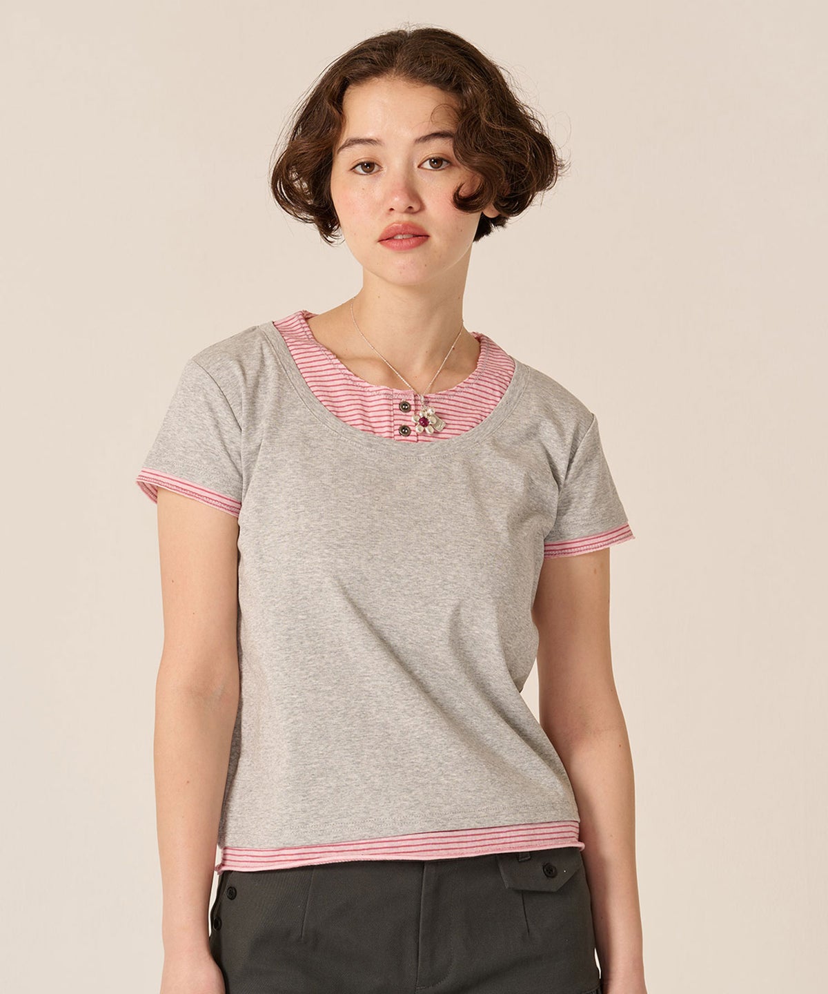 カットソー/Tシャツ/レイヤード風 半袖 Tシャツ TINA：JOJUN
