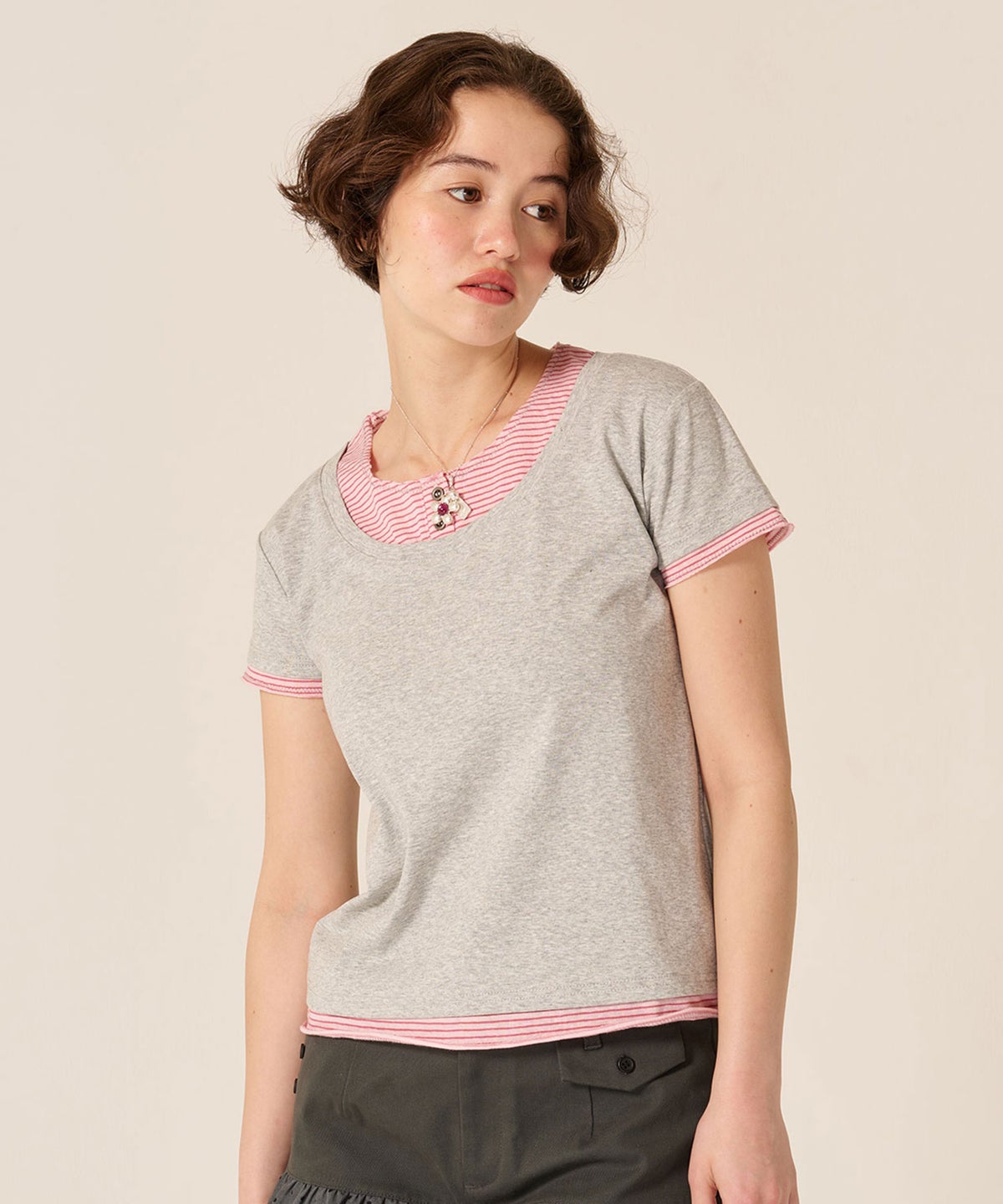 カットソー/Tシャツ/レイヤード風 半袖 Tシャツ TINA：JOJUN
