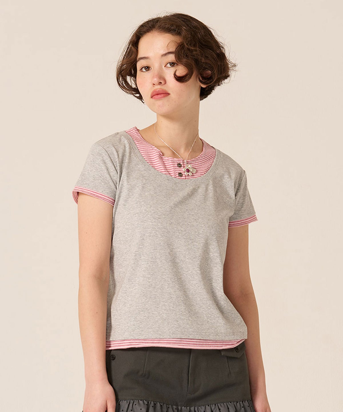 カットソー/Tシャツ/レイヤード風 半袖 Tシャツ TINA：JOJUN