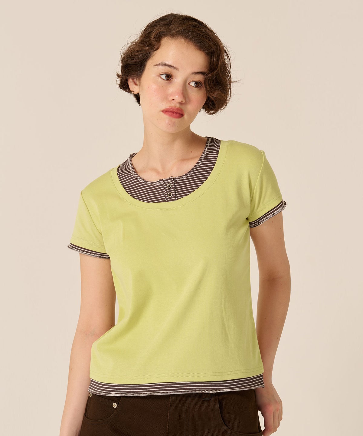 カットソー/Tシャツ/レイヤード風 半袖 Tシャツ TINA：JOJUN