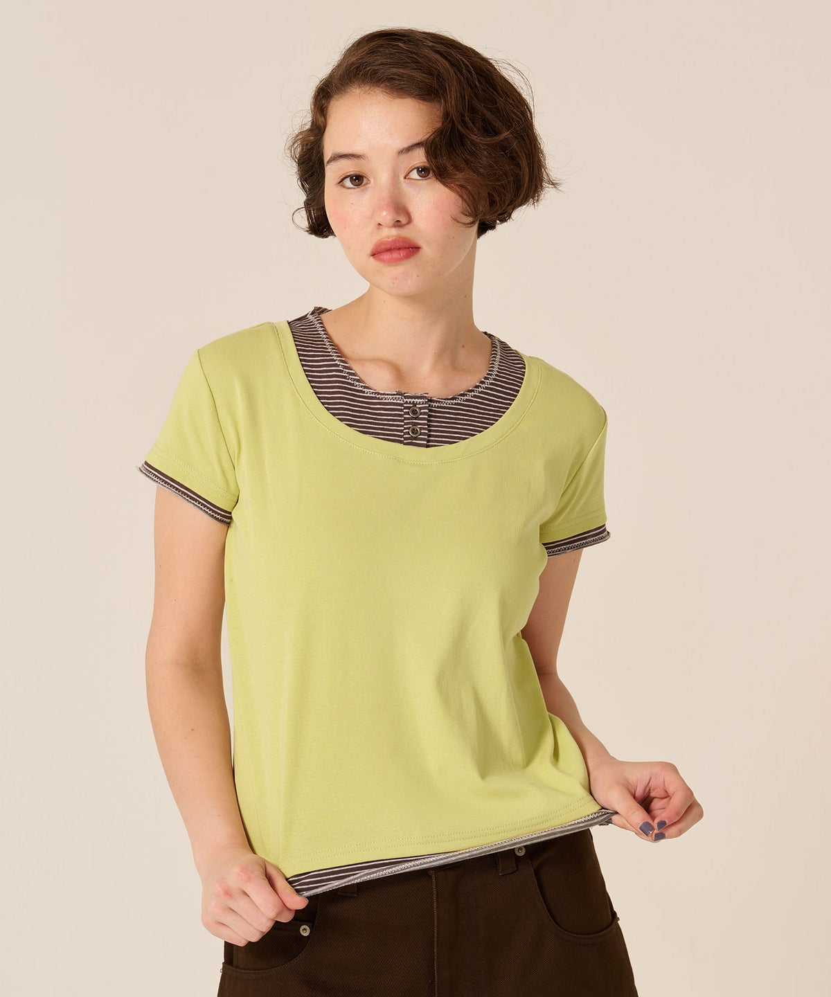 カットソー/Tシャツ/レイヤード風 半袖 Tシャツ TINA：JOJUN