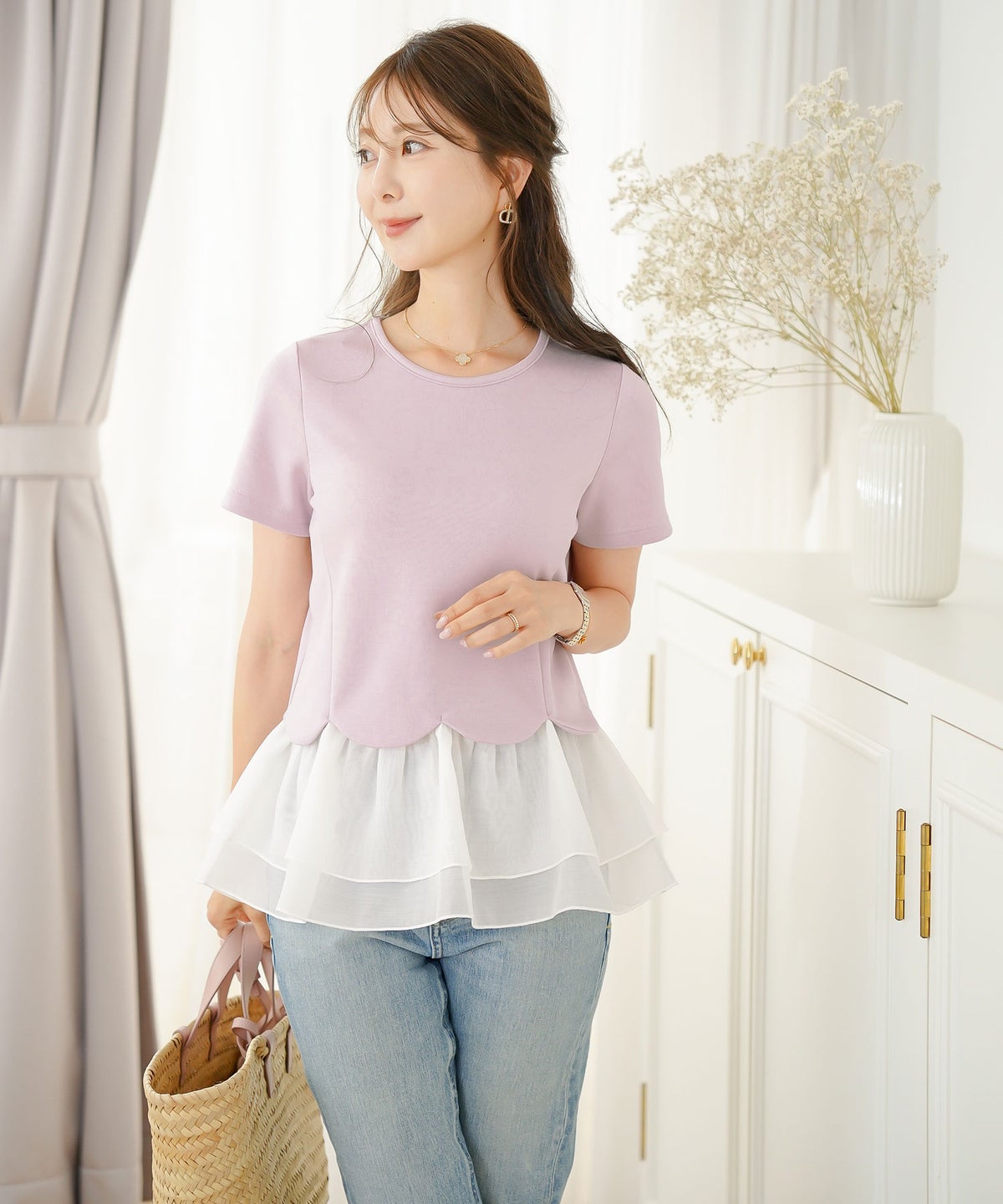 トップス カットソー 半袖 Tシャツ デザイン おしゃれ フリル 裾 シアー オーガンジー 透け感 真夏 春 夏 涼しい 軽やか かわいい スカラップ レディース 20代 30代 40代 フェミニン 上品 エレガント キュート 裾スカラップ 異素材 ヘム ペプラム カットソー le reve vaniller