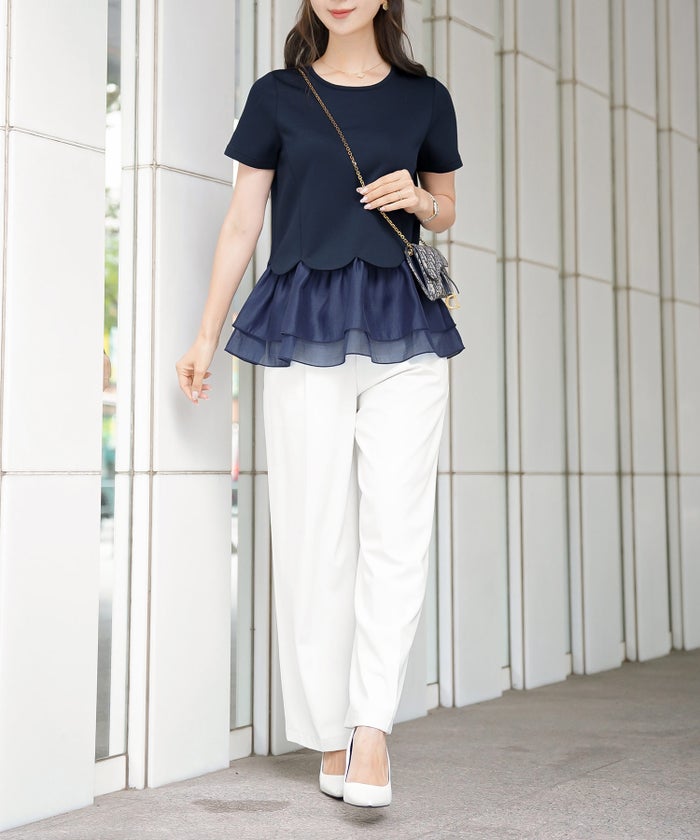 トップス カットソー 半袖 Tシャツ デザイン おしゃれ フリル 裾 シアー オーガンジー 透け感 真夏 春 夏 涼しい 軽やか かわいい スカラップ レディース 20代 30代 40代 フェミニン 上品 エレガント キュート 裾スカラップ 異素材 ヘム ペプラム カットソー le reve vaniller