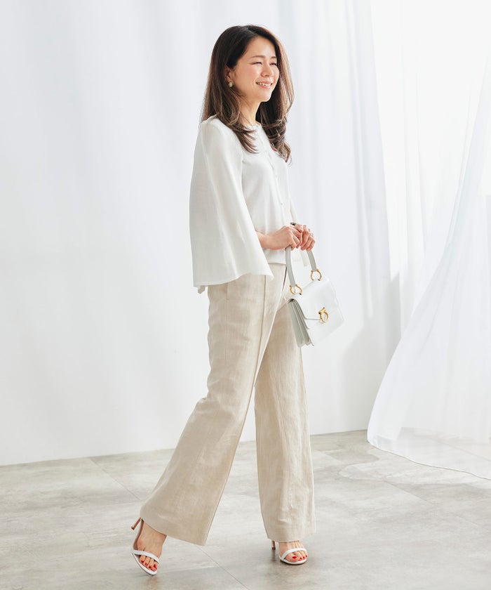 ワイドパンツ リネン混 グレージュ 夏 ジョイントスペース